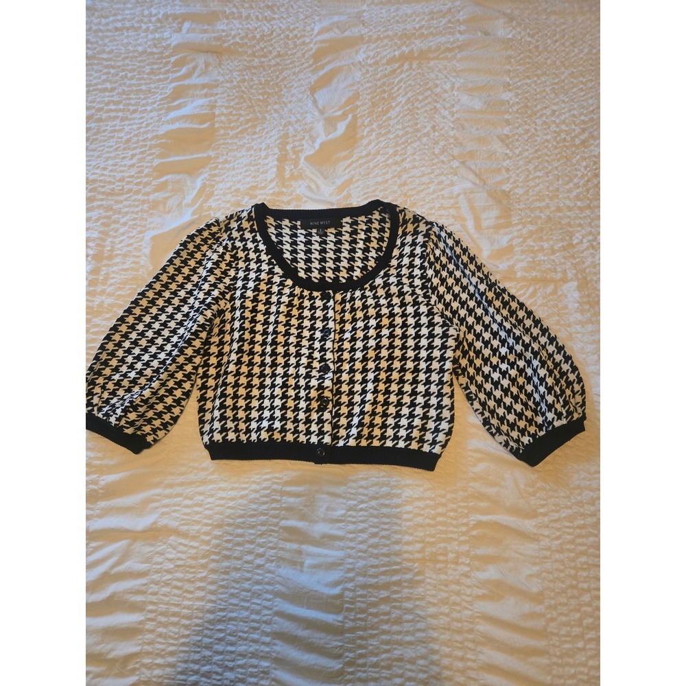 Nine West Womens Houndstooth Cropped Cardigan Sweater Black White 3/4 Sleeve S